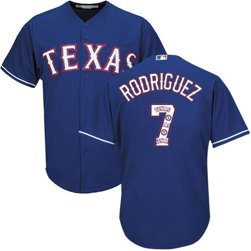 Rangers #7 Ivan Rodriguez Blue Team Logo Fashion Stitched MLB Jersey